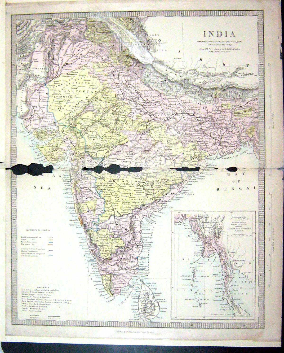 Antique Print Harrow Map 1880 India Ceylon Bay Siam Bengal Nicobar Andaman 19th