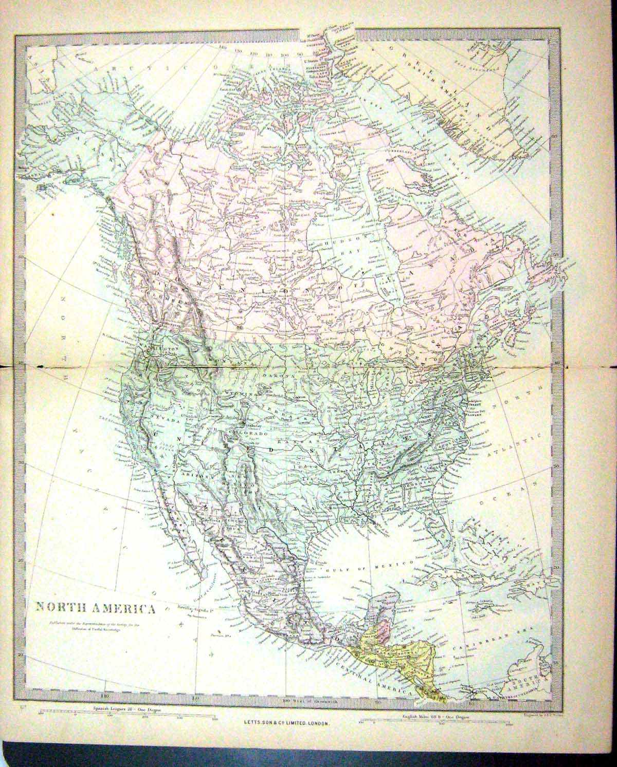 Old Antique Print Harrow Map 1880 North America Florida California Canada 19th