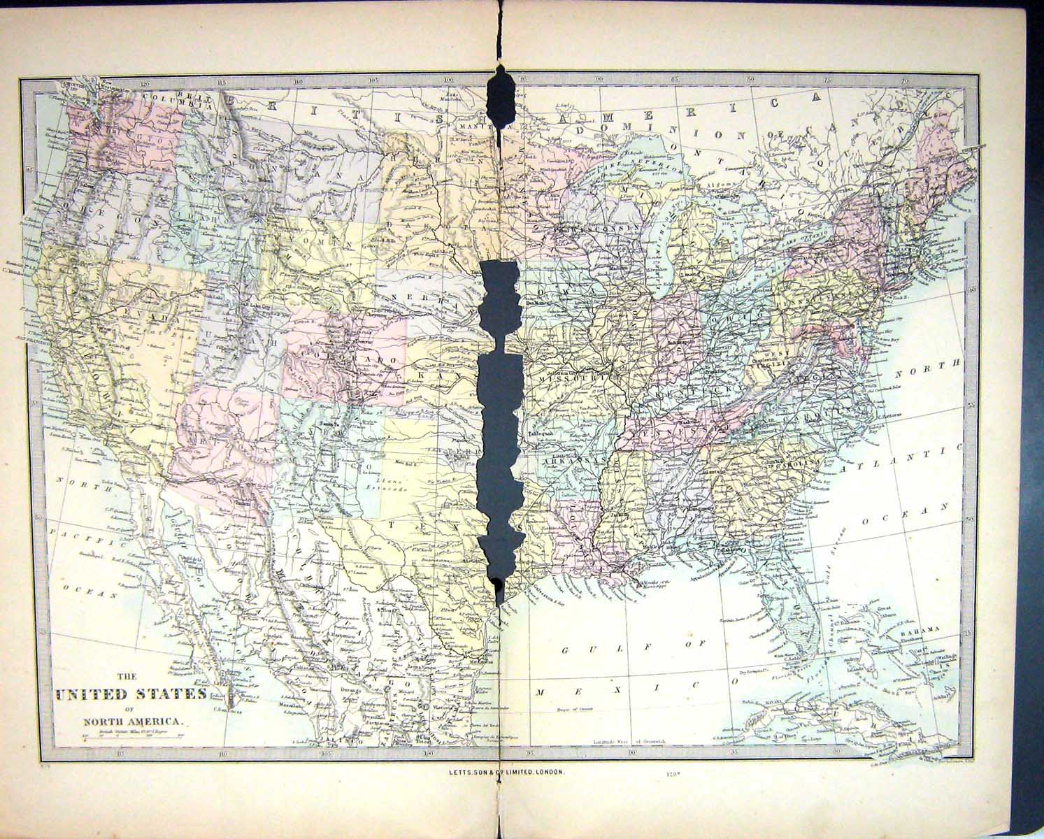 Antique Old Print Harrow Map 1880 United States North America Florida Cuba 19th