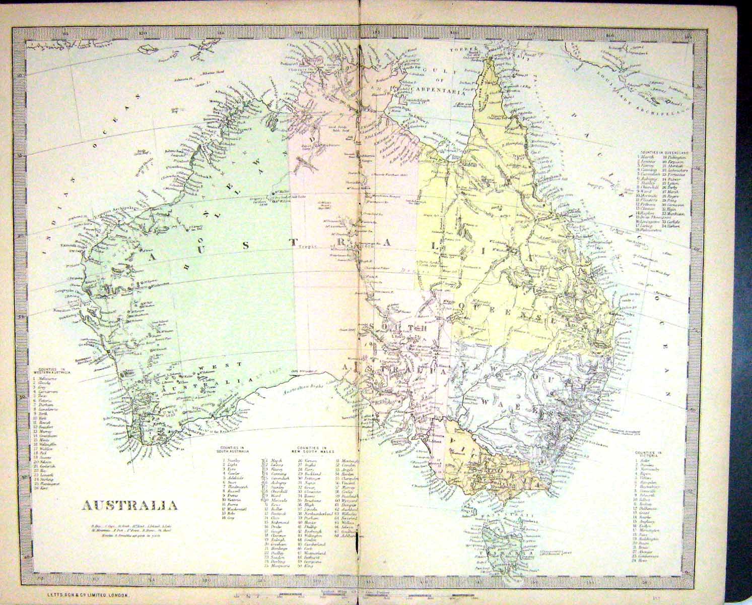 Antique Print Harrow Map 1880 Australia Tasmania Sydney Parth Pacific Ocean