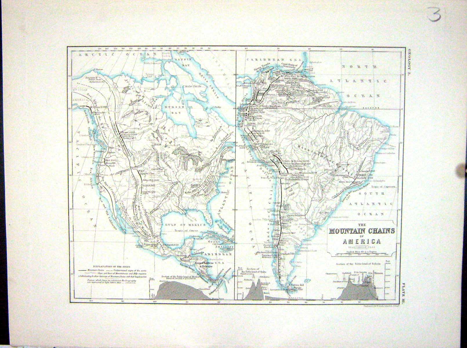 Old Antique Print Johnston Map 1856 Mountain Chains North South America 19th