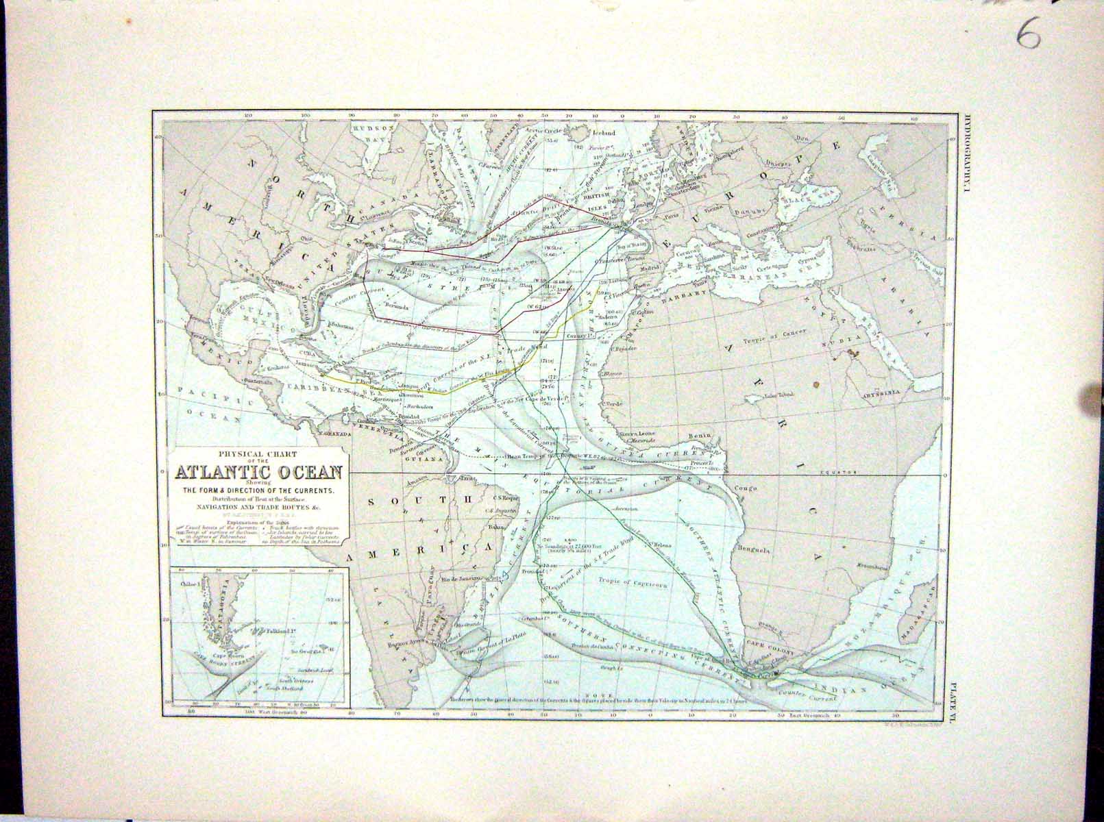 Antique Print Johnston Map 1856 Physical Chart Atlantic Ocean Form Currents