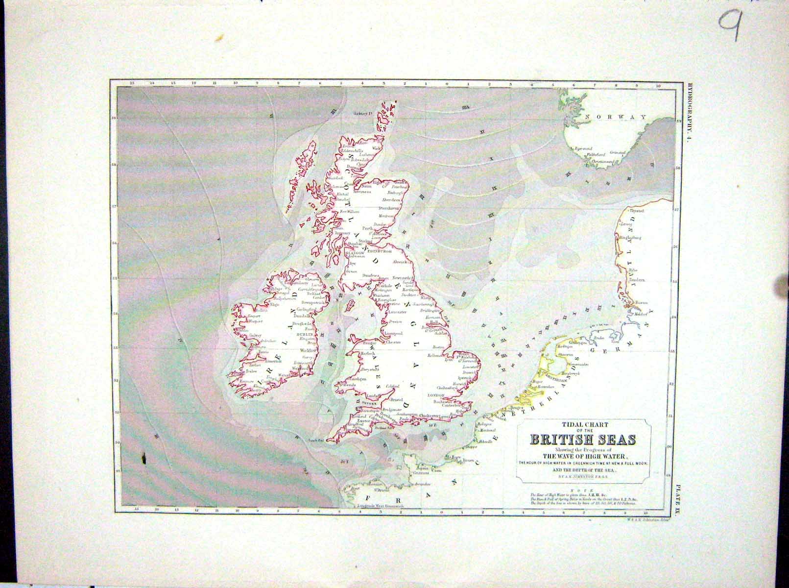 Antique Old Print Johnston Map 1856 Tidal Chart British Isles Wave High Water
