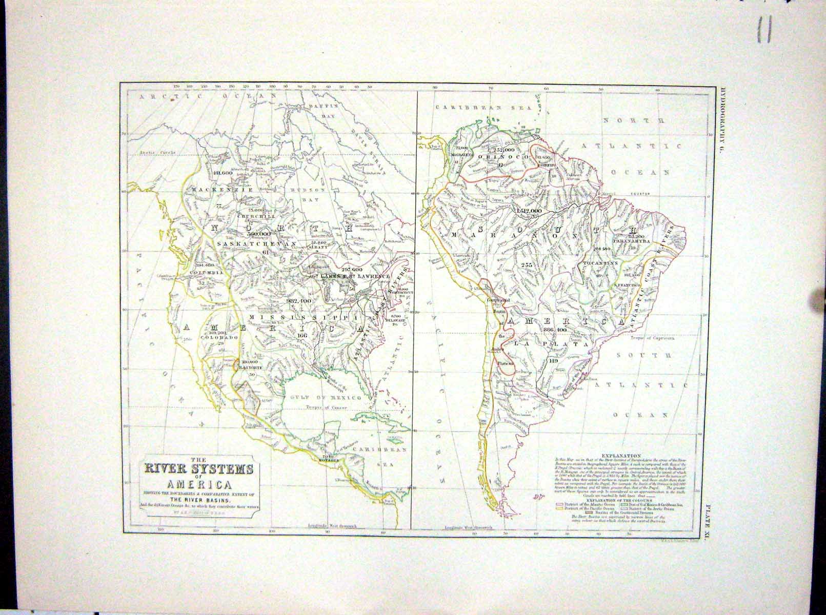 Original Old Antique Print Johnston Map 1856 River Systems America Basins 19th
