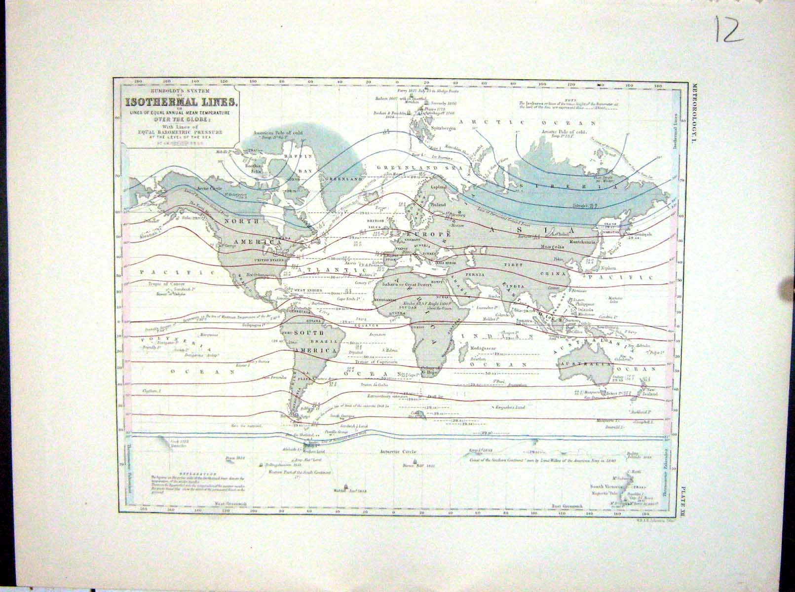 Antique Print Johnston Map 1856 Humbt System Isothermal Lines Temperature 19th