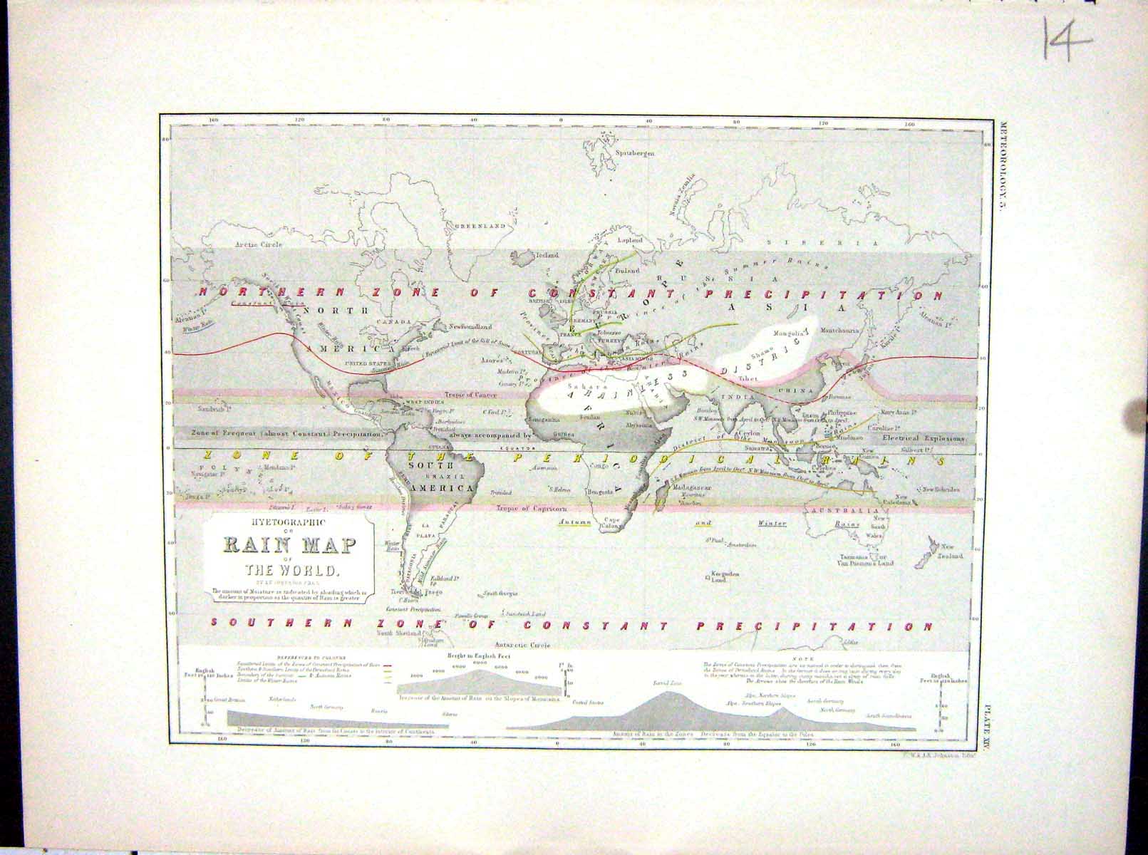 Original Old Antique Print Johnston Map 1856 Hyetographic Rain Chart World 19th