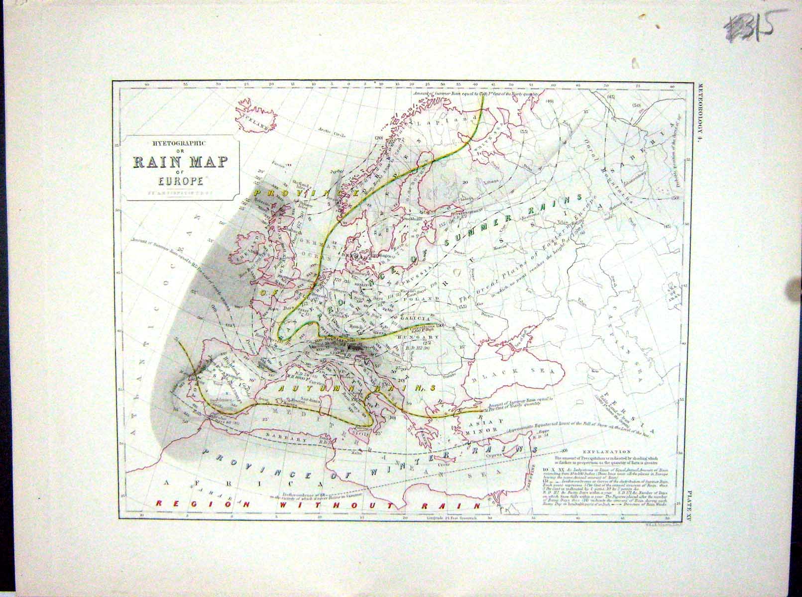 Original Old Antique Print Hyetographic Rain Europe Johnston Map 1856 Victorian