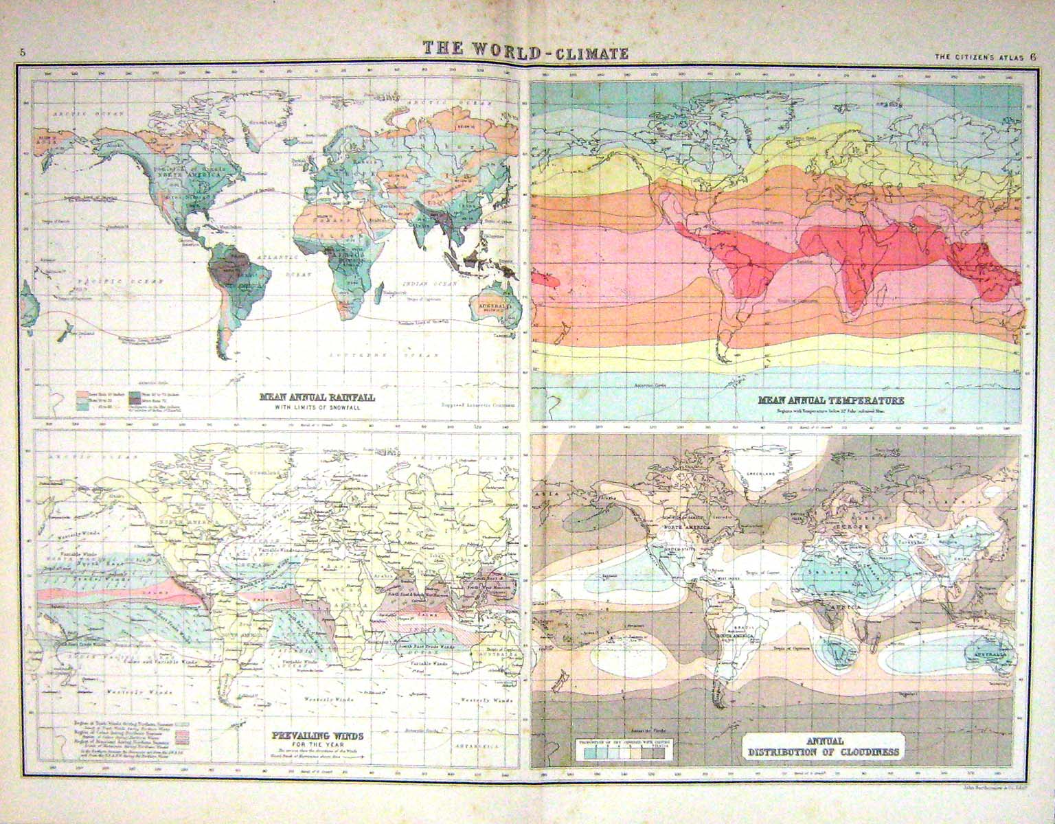 Old Bartholomew Map C1900 World Climate Mean Rainfall Temperature Clo Victorian