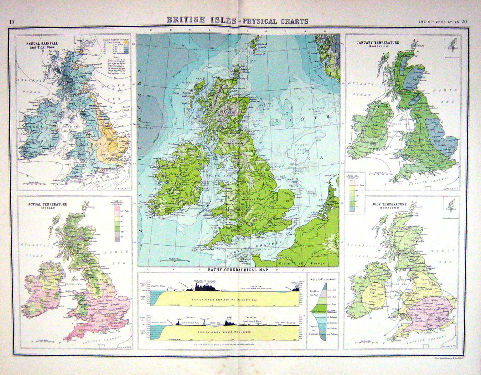 Old Bartholomew Map C1900 British Isles Physical Charts Temperatures Victorian