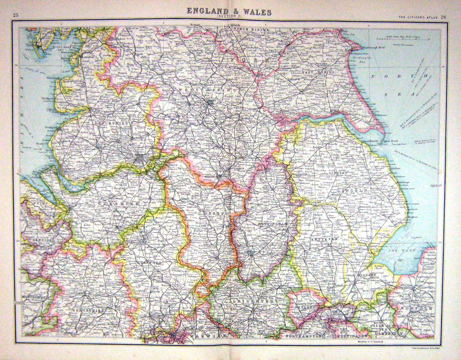 Old Bartholomew Map C1900 England Wales Nottingham Stafford Lancashir Victorian