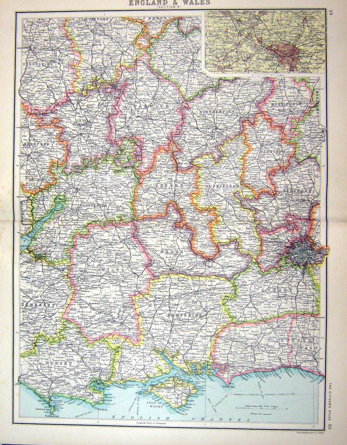 Old Bartholomew Map C1900 England Hampshire Somerset Dorset Isle Wigh Victorian