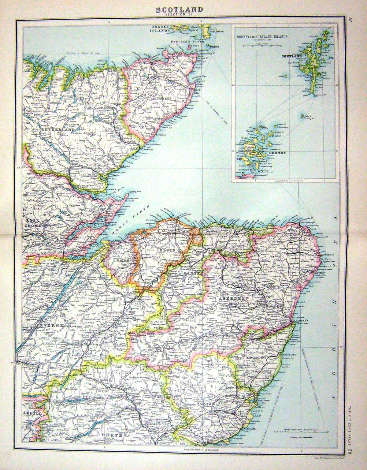 Old Bartholomew Map C1900 North Scotland Caithness Orkney Shetland Ab Victorian