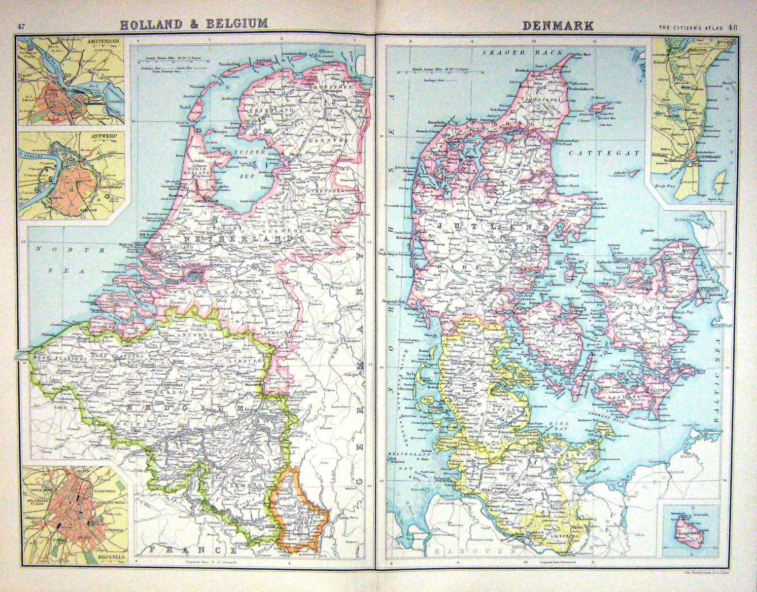 Old Bartholomew Map C1900 Denmark Holland Belgium Antwerp Amsterdam B Victorian