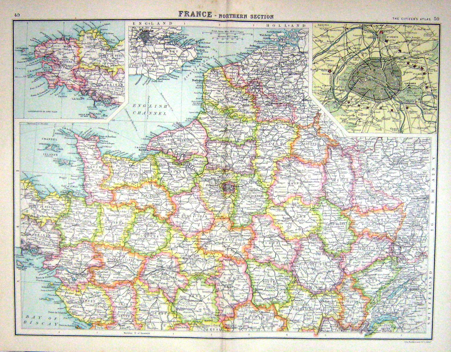 Old Bartholomew Map C1900 France Paris English Channel Guernsey Jerse Victorian