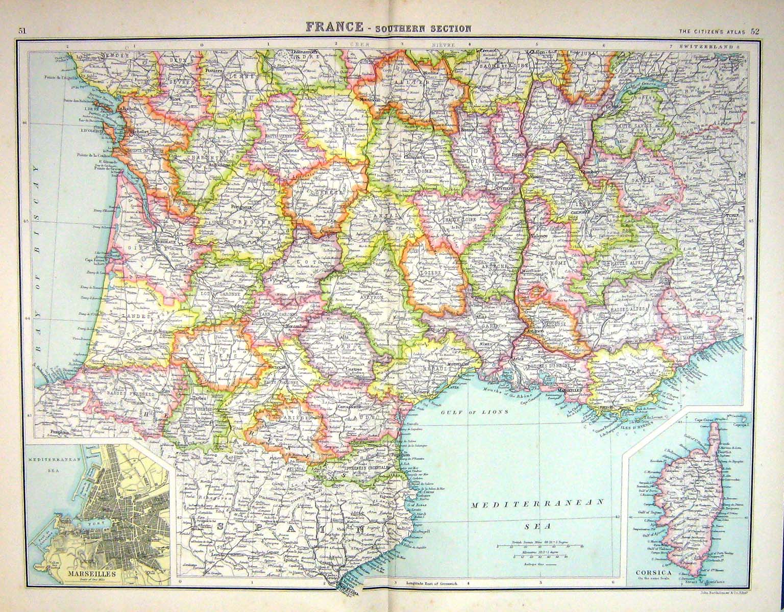 Old Bartholomew Map C1900 France Corsica Marseilles Gulf Lion Mediter Victorian