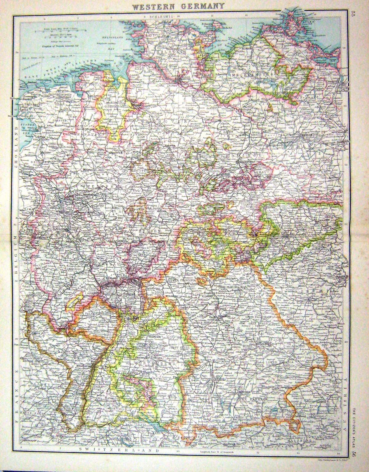 Old Bartholomew Map C1900 Western Germany Europe Cologne Leipzig Prus Victorian