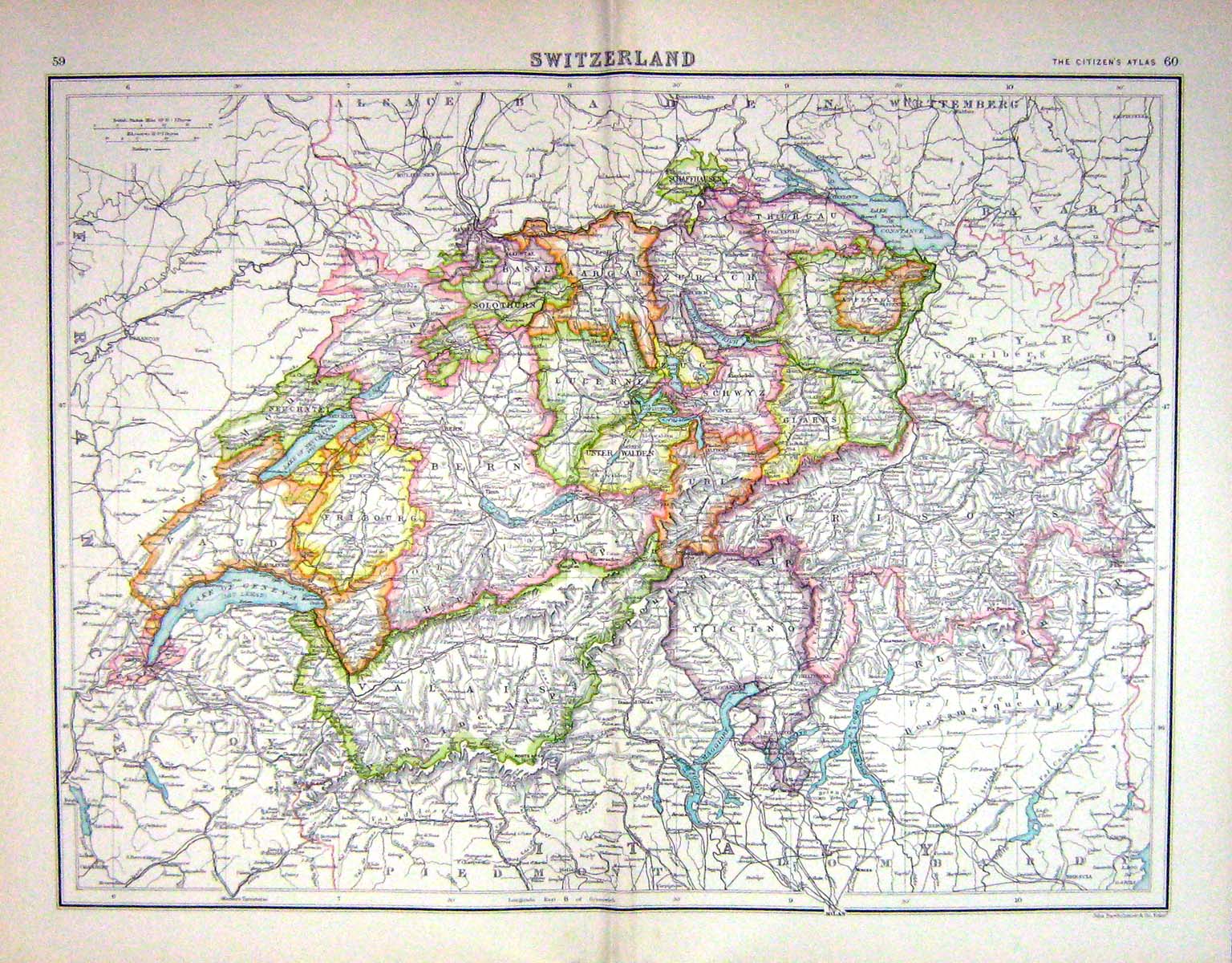 Old Bartholomew Map C1900 Switzerland Lake Geneva Neuchatel Solothurn Victorian