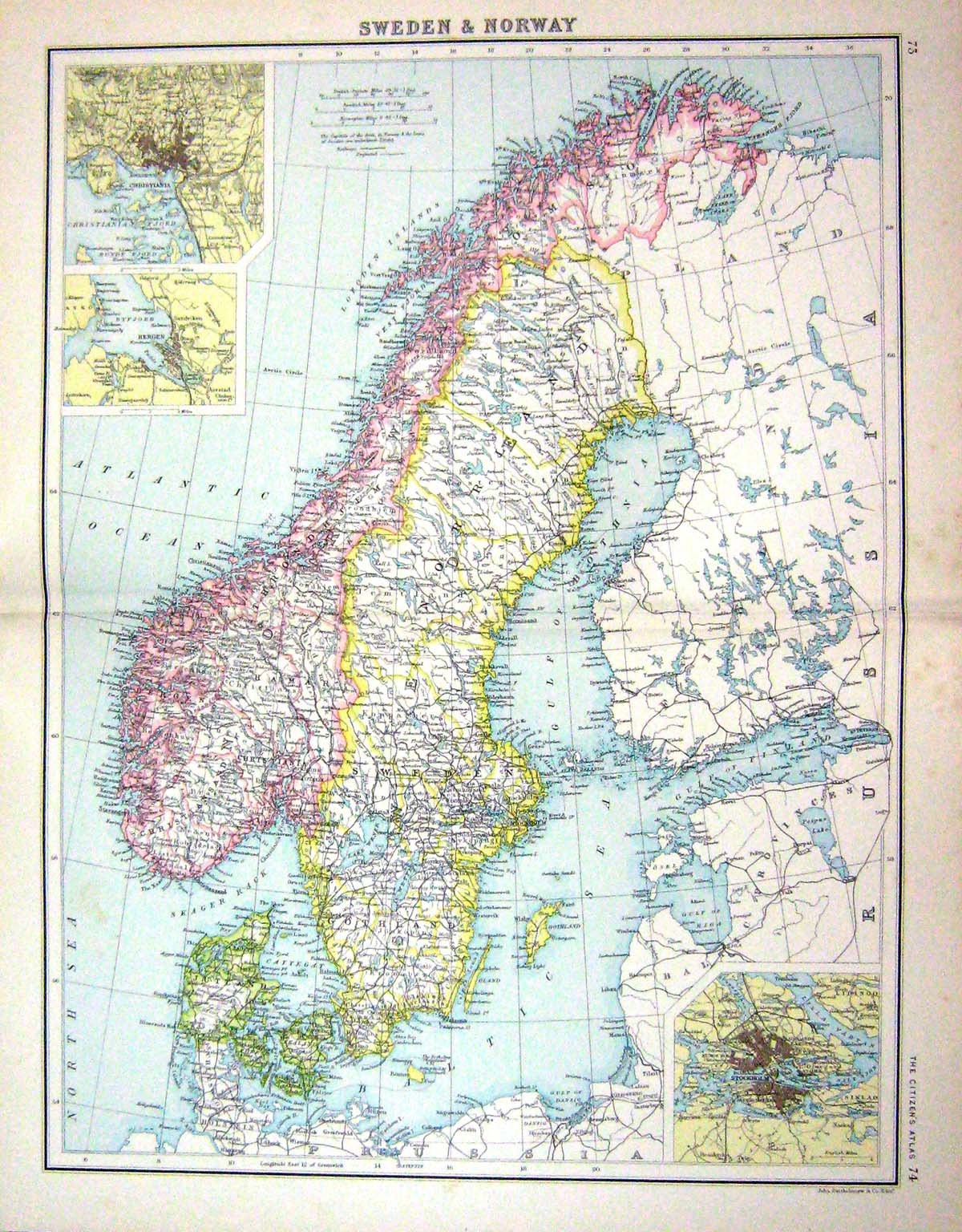 Old Bartholomew Map C1900 Sweden Norway Jutland Stockholm Gulf Bothni Victorian