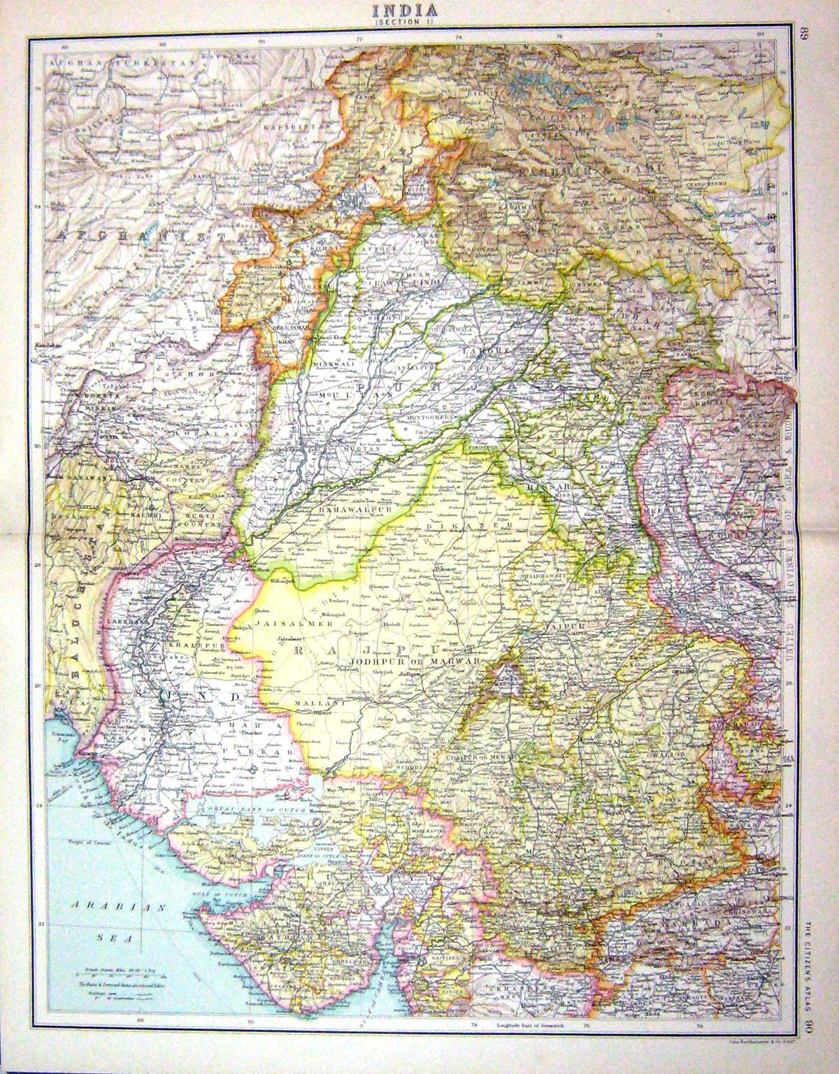 Old Bartholomew Map C1900 India Rajput Jodhpur Marwar Punjab Kathiawa Victorian