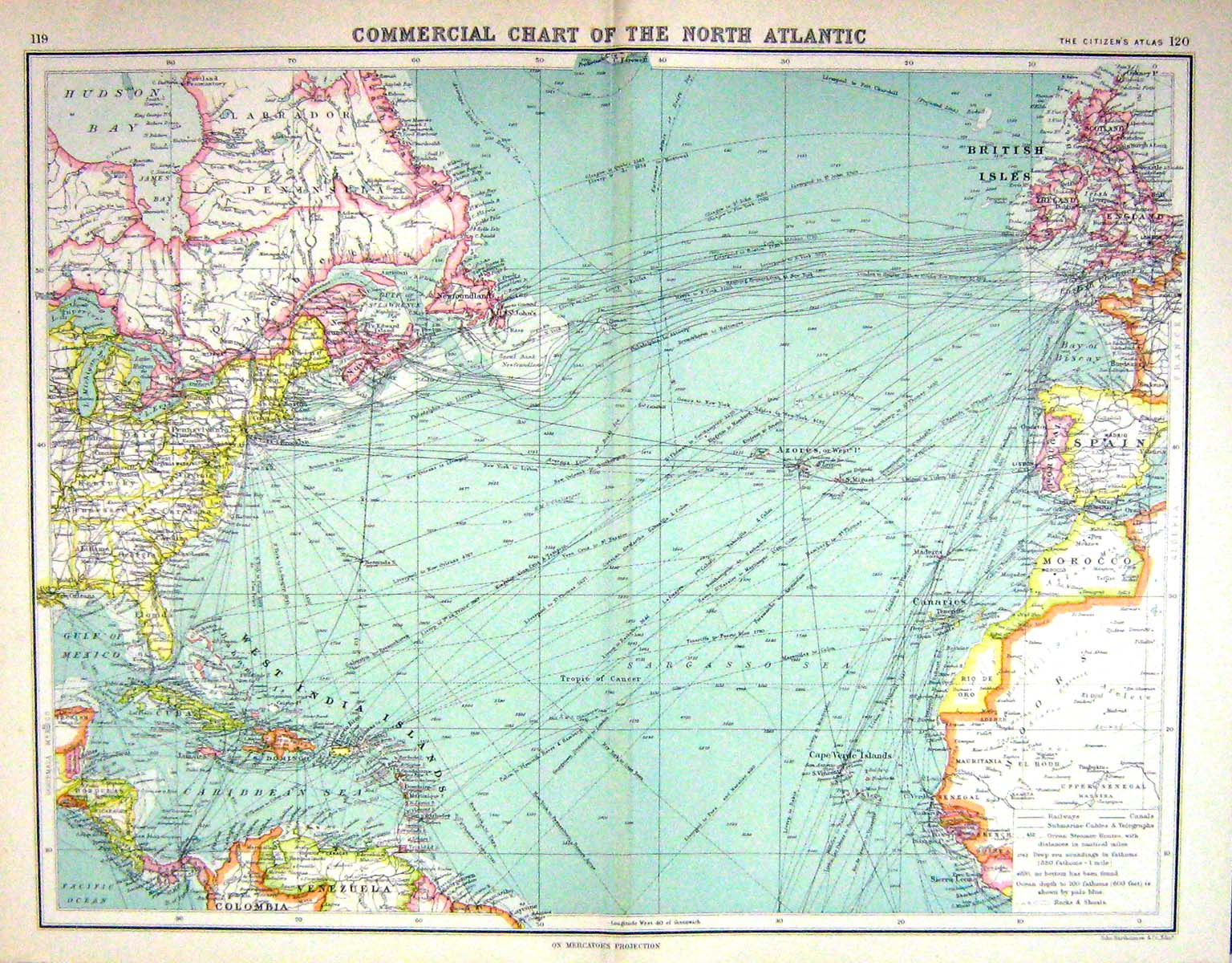 Old Bartholomew Map C1900 Commercial Chart North Atlantic Cuba Jamaic Victorian