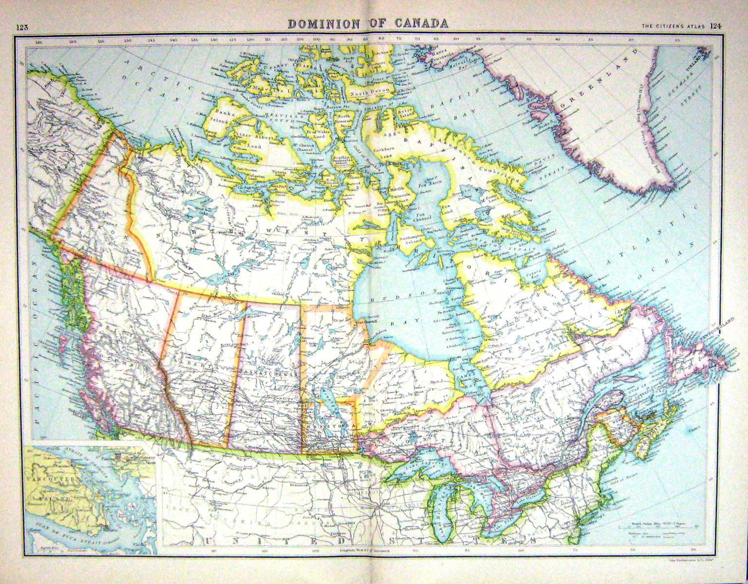 Old Bartholomew Map C1900 Dominion Canada Hudson Bay Vancouver Nova S Victorian