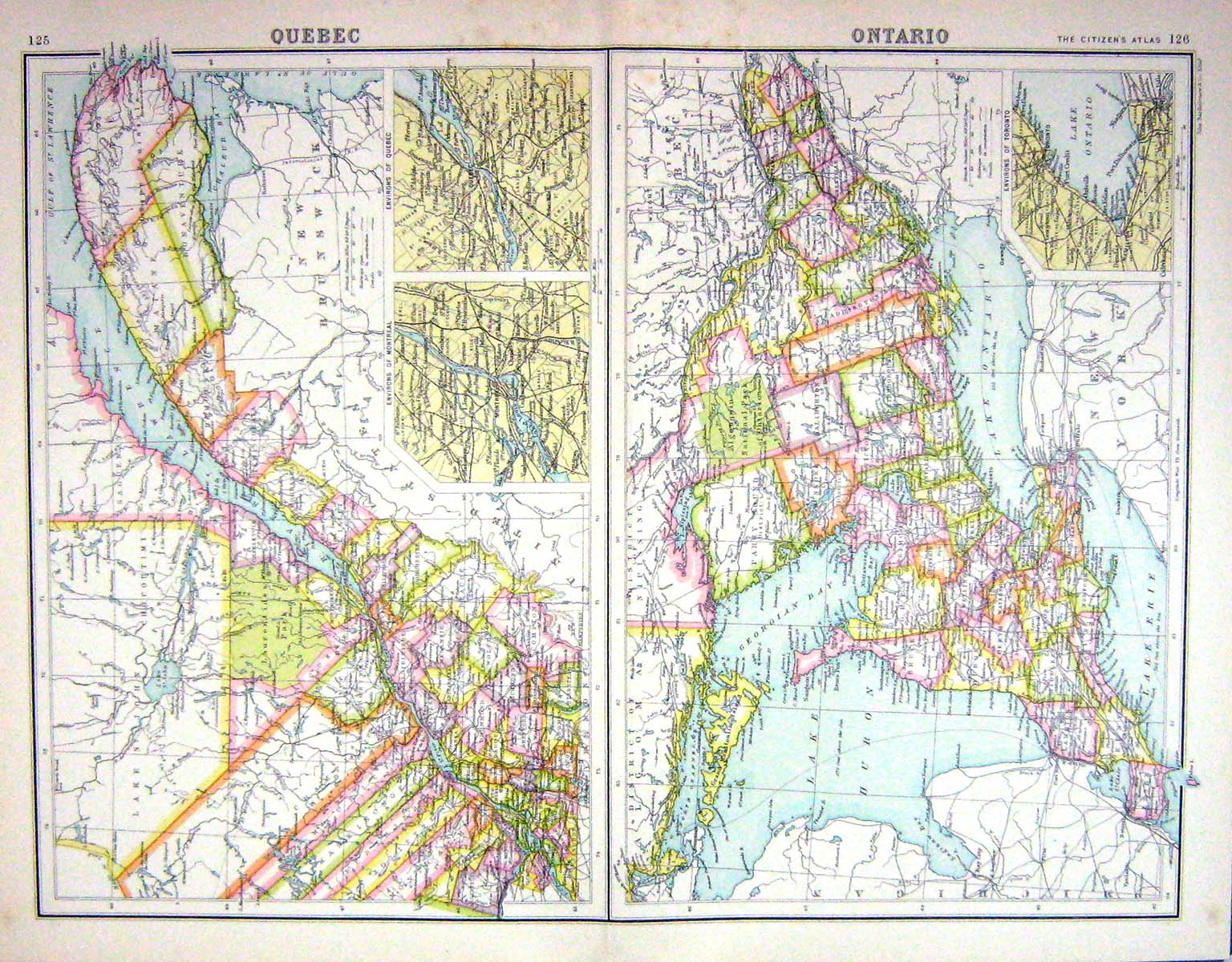 Old Print Bartholomew Map C1900 Canada Ontario Quebec Lake Huron Lawrence 20th