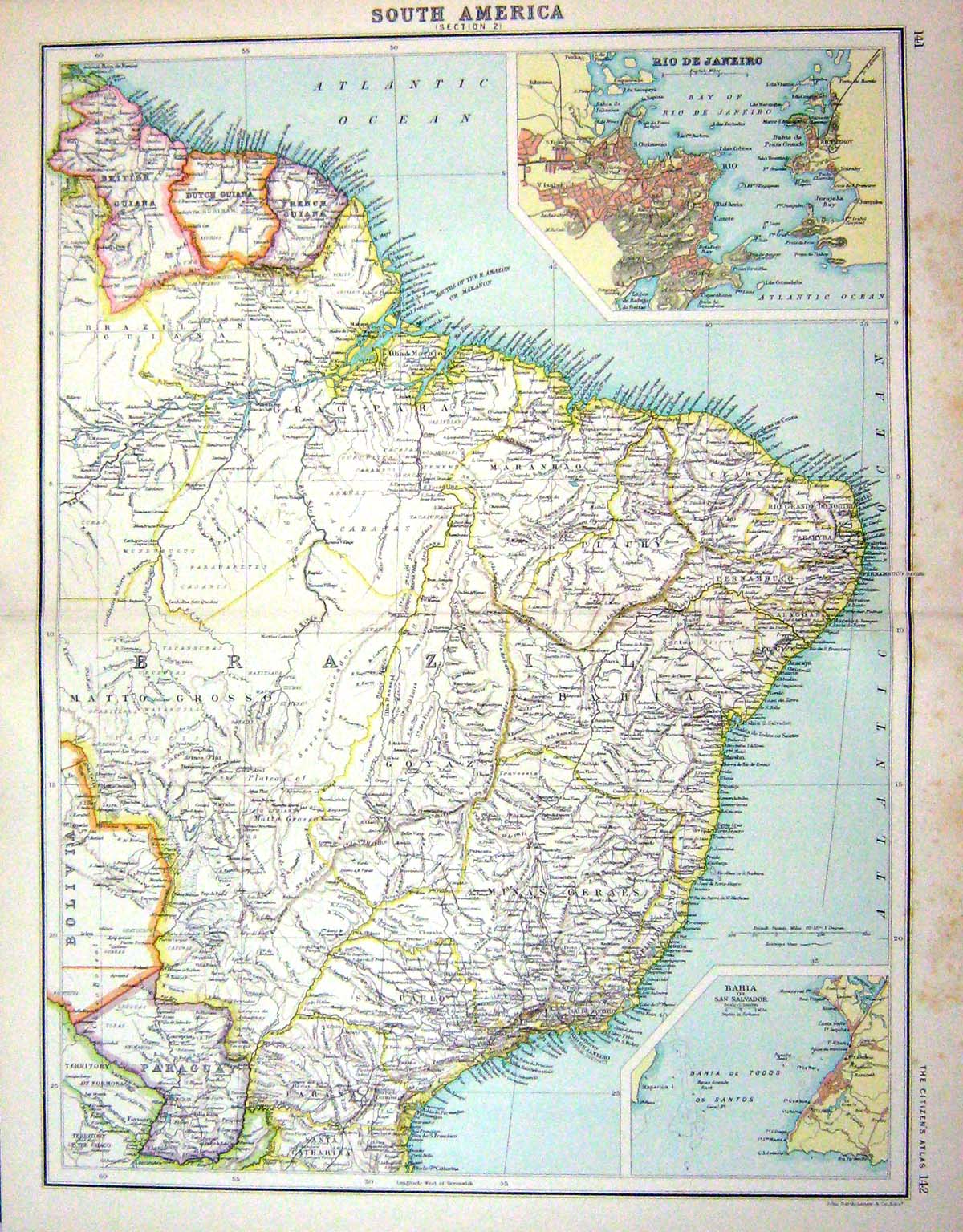 Old Bartholomew Map C1900 South America Rio De Janeiro San Salvador P Victorian