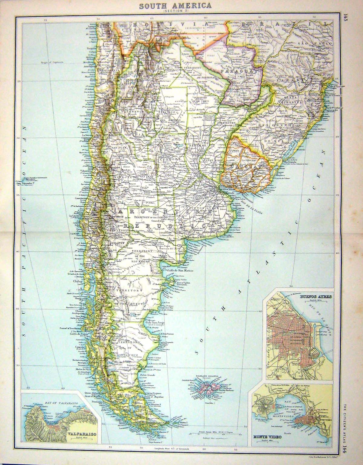 Old Bartholomew Map C1900 South America Flakland Valparaiso Monte Vid Victorian