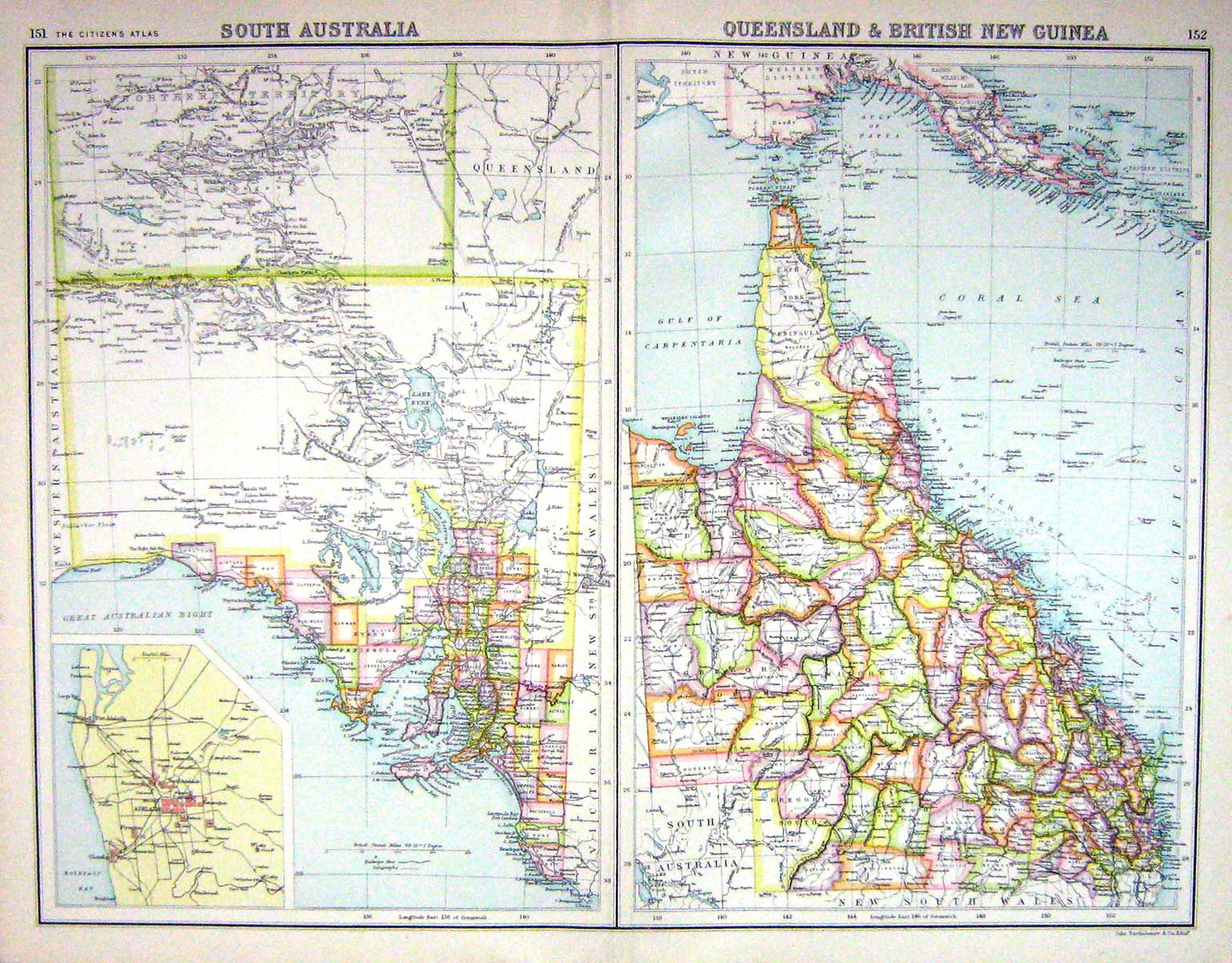 Old Bartholomew Map C1900 Australia Queensland British New Guinea Ade Victorian