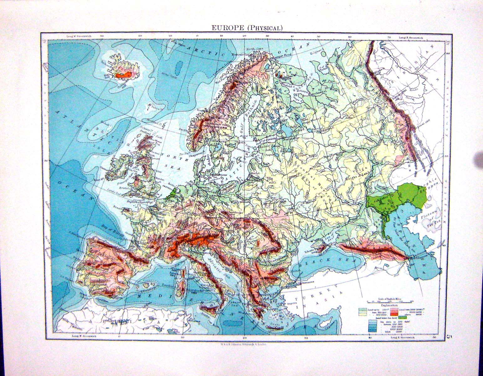 Antique Old Print Johnston Map 1898 Physical Europe England Wales Isle Man 19th