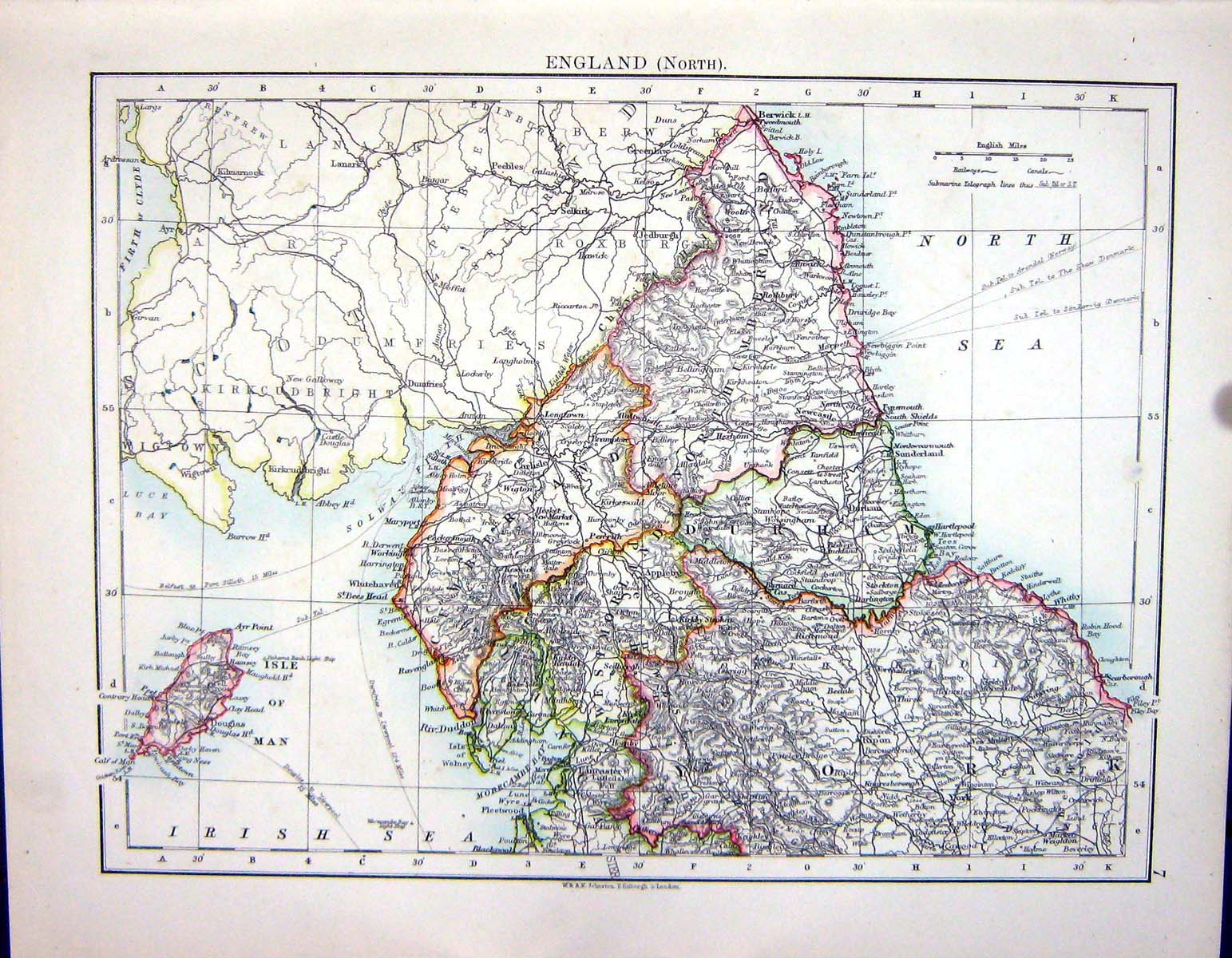 Old Antique Print Johnston Map 1898 North England Wales Bristol Channel 19th