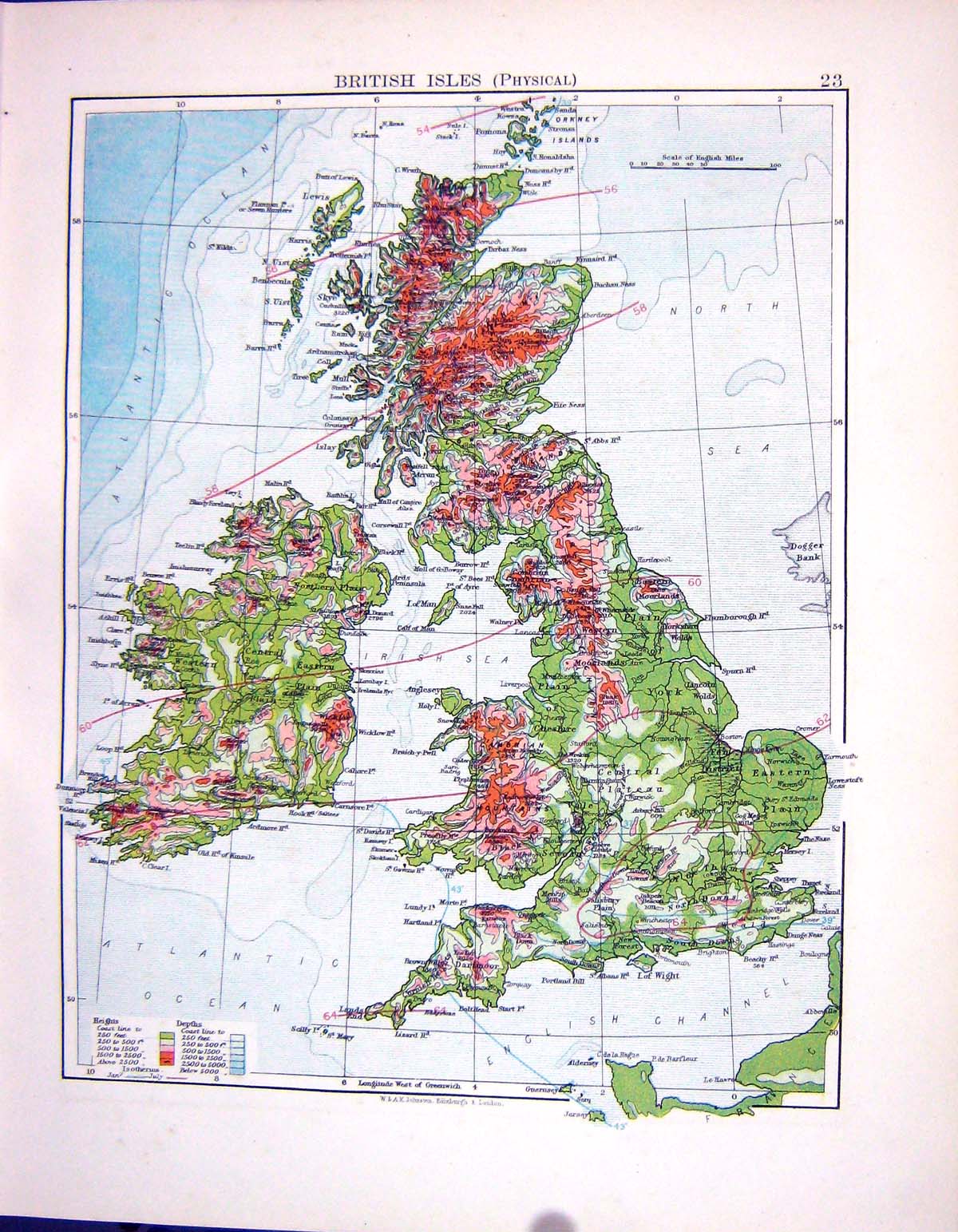 Old Physical British Isles Spain Portugal Ibiza Majorca Johnston Map
