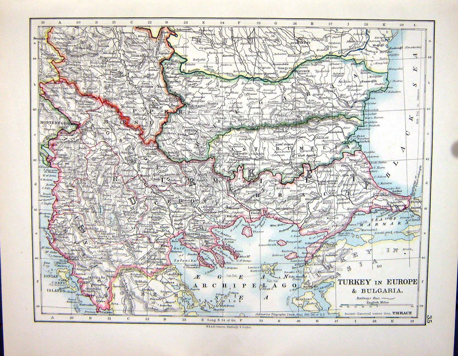 Antique Old Print Johnston Map 1898 Turkey Bulgaria Greece Rumania Black Sea