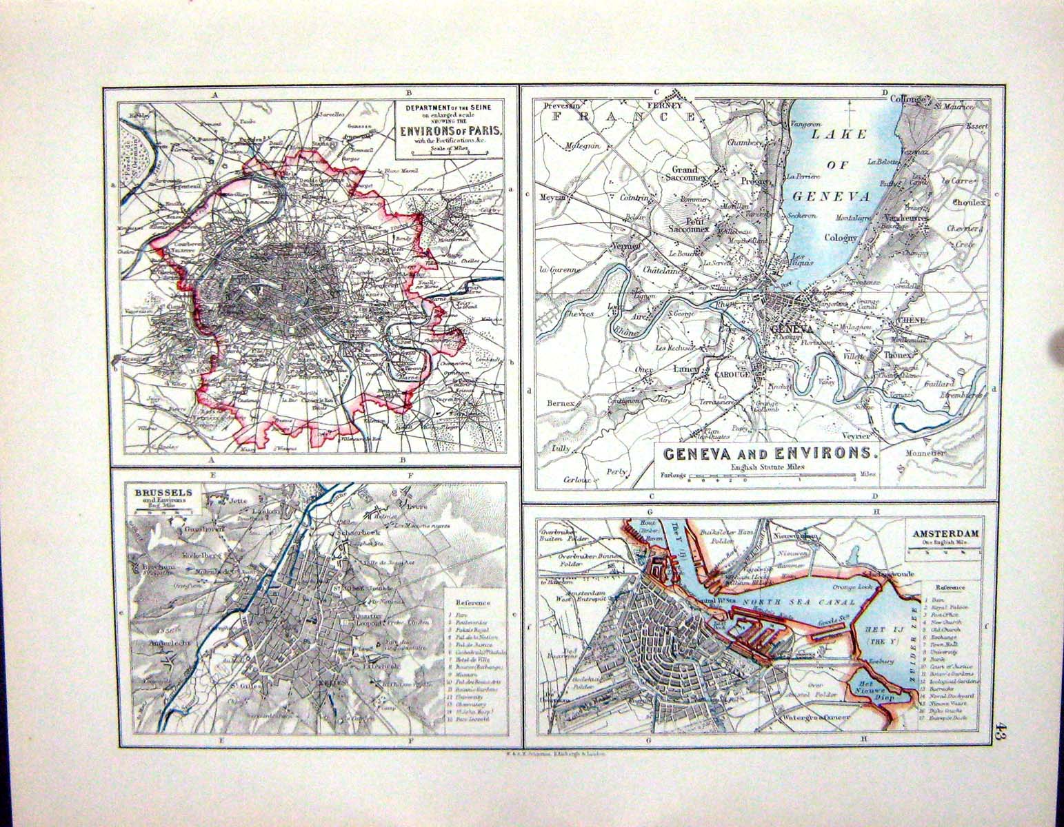 Old Johnston Map 1898 Plan Paris Geneva Brussels Amsterdam Copenhagen Victorian