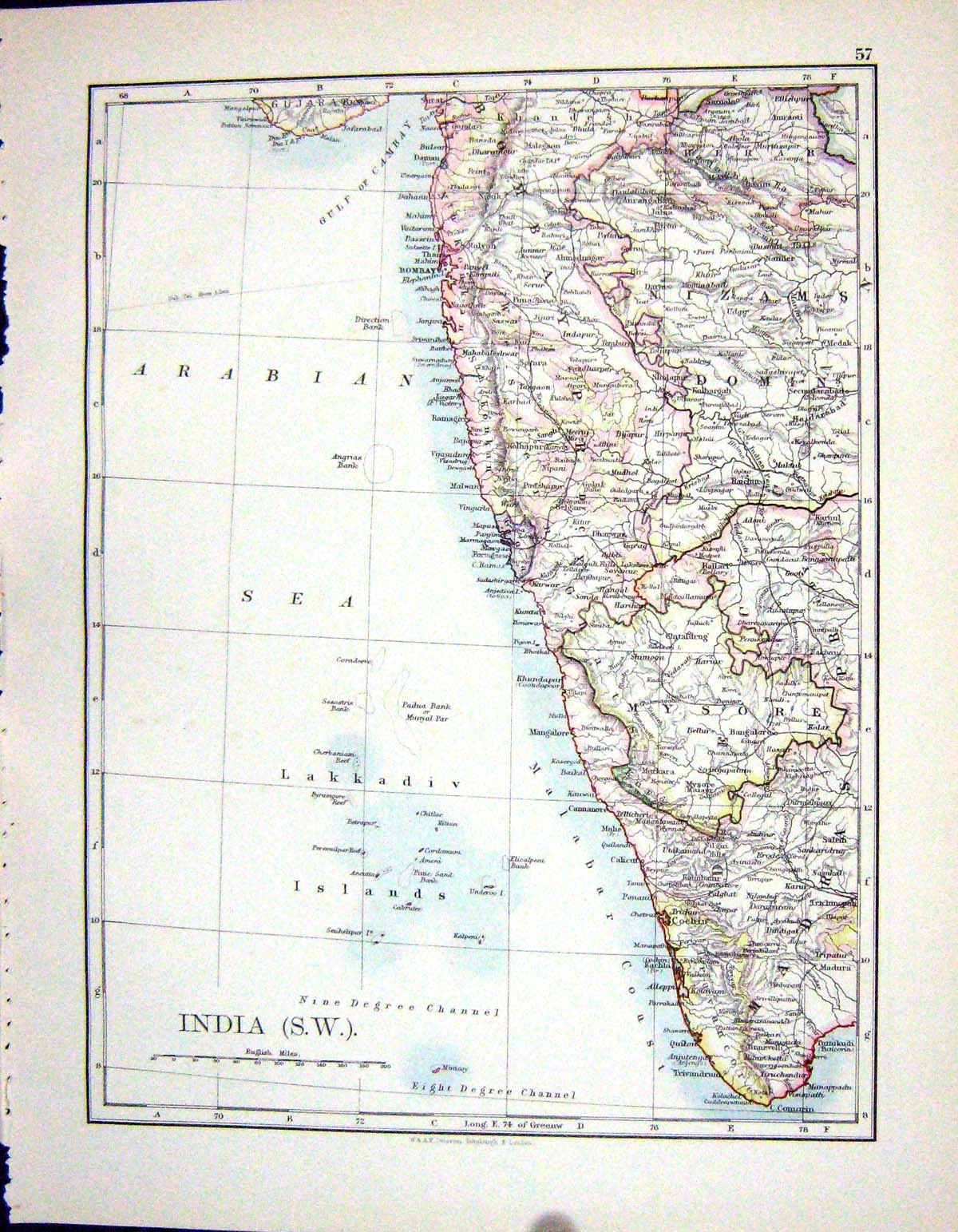Old Print Johnston Map 1898 South West India Mysore Bombay Ceylon Bengal 19th
