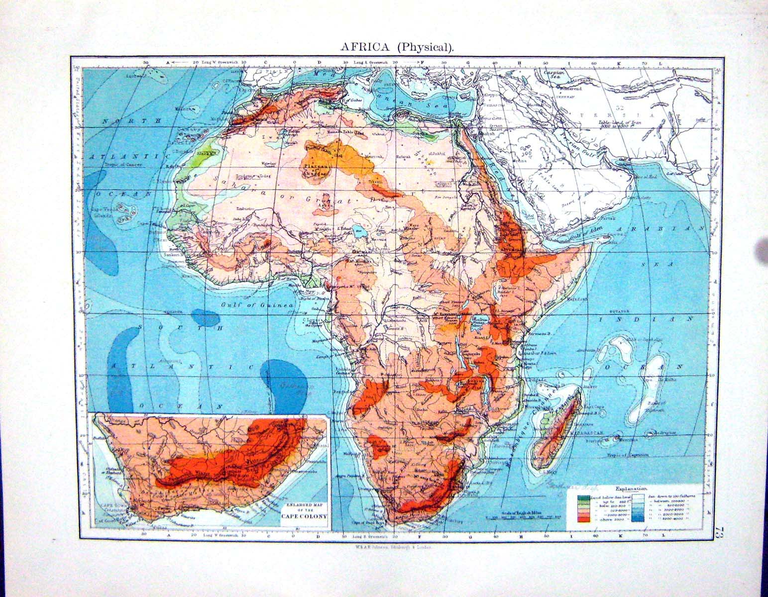 Antique Print Physical Africa Algeria Tunis Mediterranean Johnston Map 1898