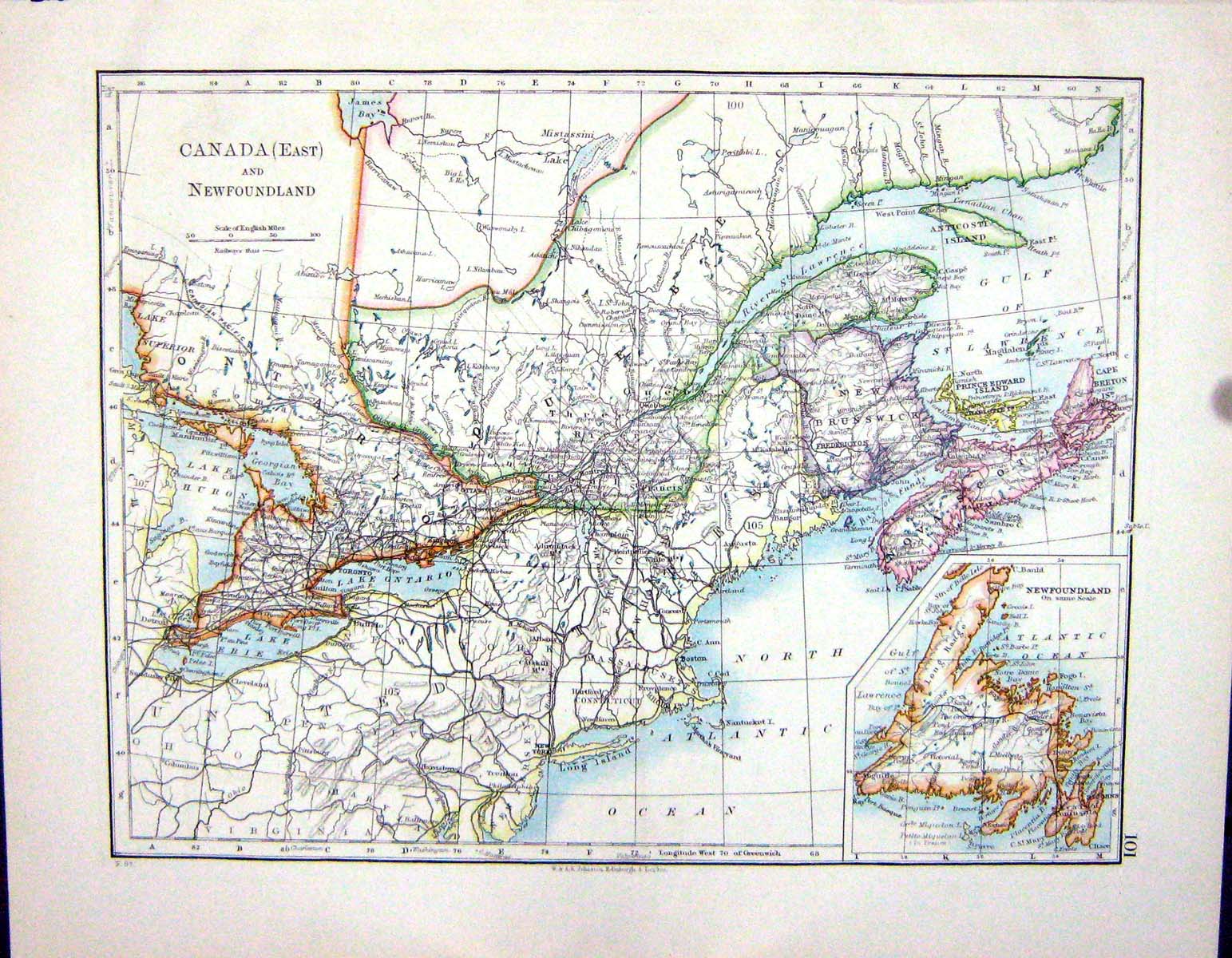 Old Antique Print Johnston Map 1898 Canada Newfoundland Manitoba Ontario 19th