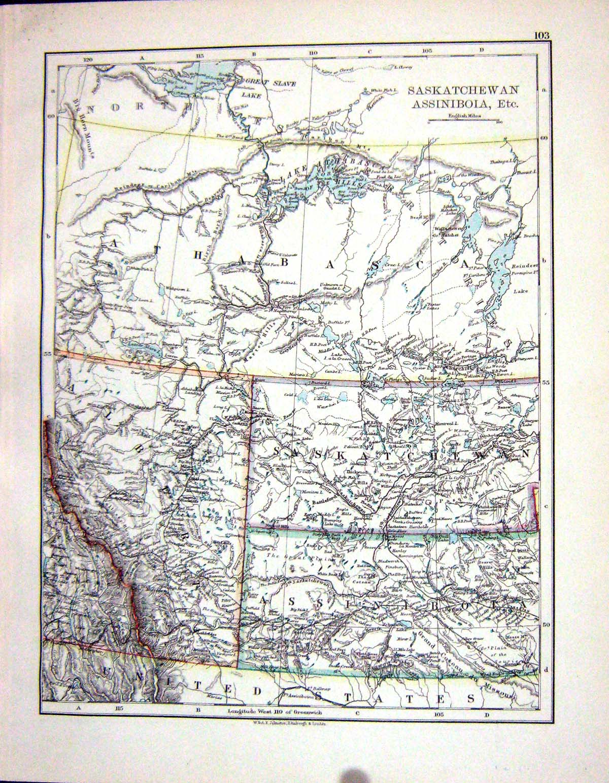 Antique Old Print Johnston Map 1898 Saskatchewan Assiniboia British Columbia