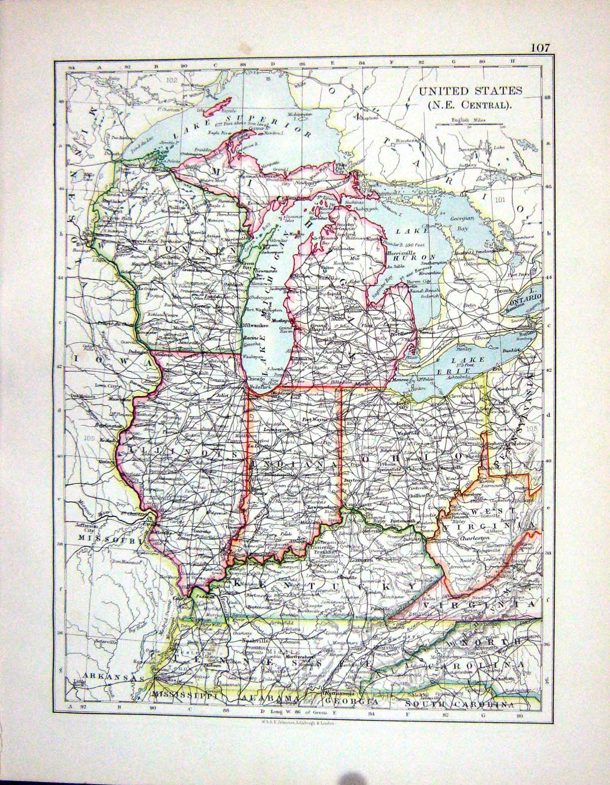 Antique Print America Kentucky Ohio Wisconsin Nevada Utah Johnston Map 1898