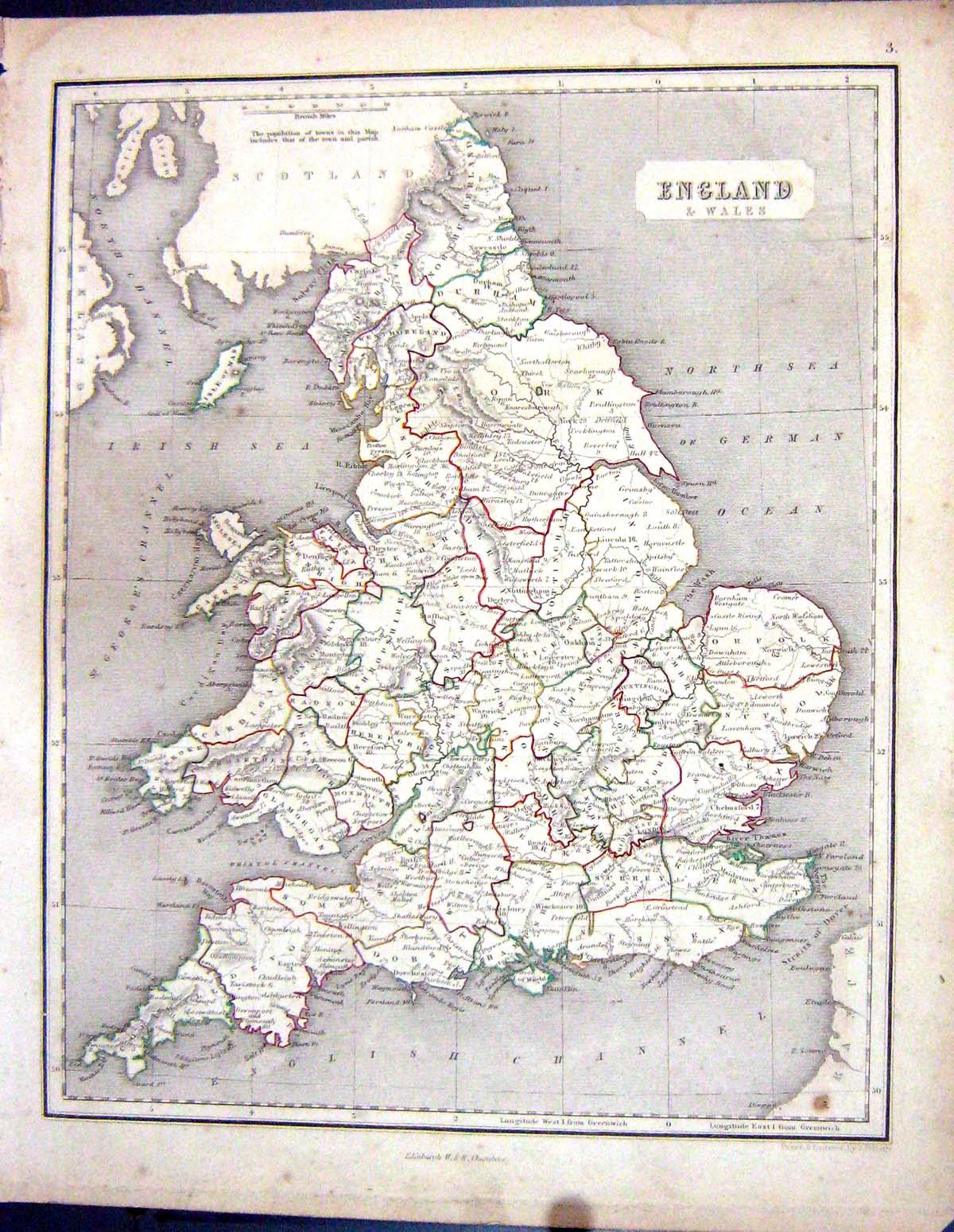 Antique Old Print England Wales Isle Man English Channel Chambers Map 1855 19th