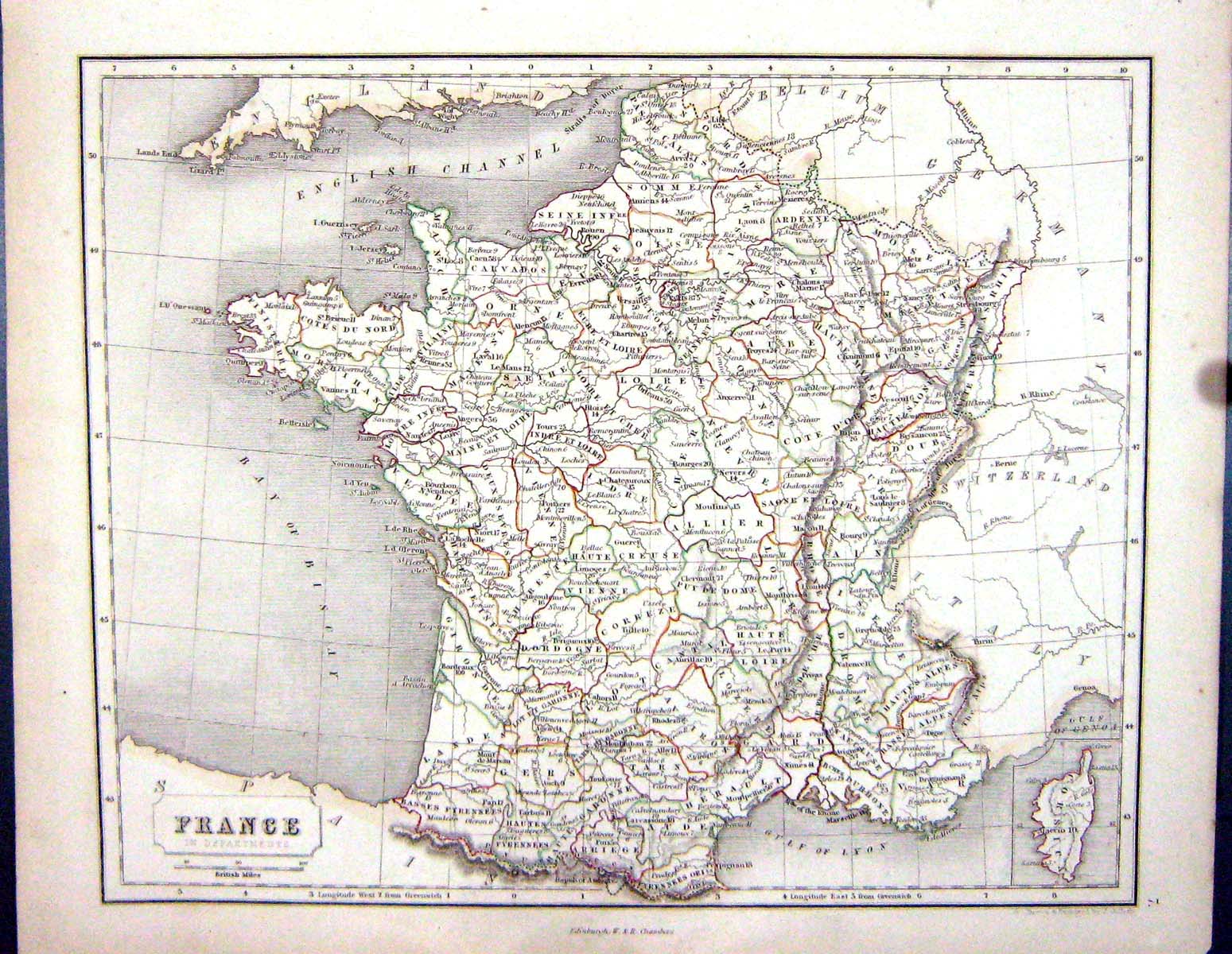 Antique Print Chambers Gellatly Map 1855 France Departments Corsica Biscay 19th