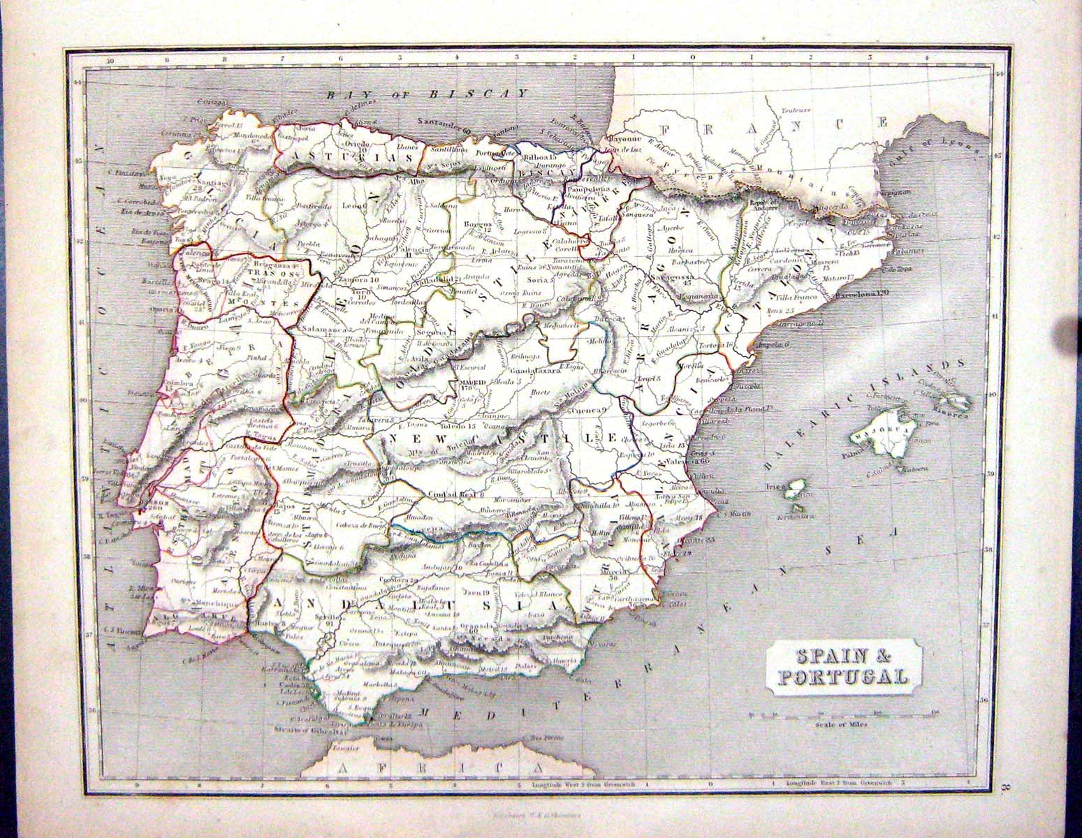 Old Print Chambers Gellatly Map 1855 Spain Portugal Majorca Minorca Ibiza 19th