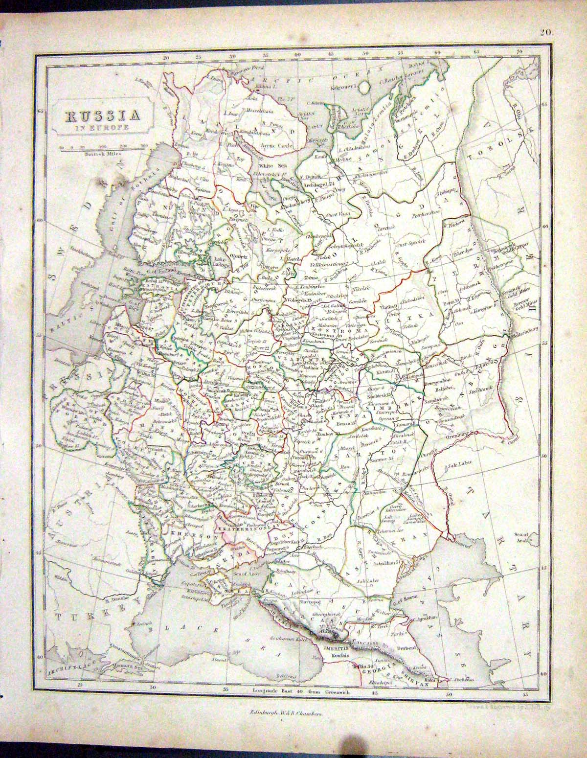Old Chambers Gellatly Map 1855 Russia Europe Taurida Kherson Bothnia Victorian