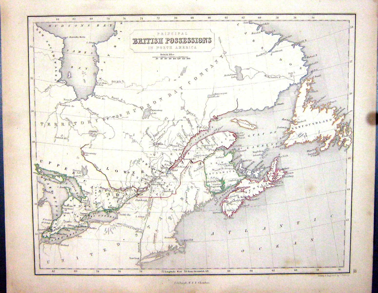Old Chambers Gellatly Map 1855 America British Possessions Nova Scoti Victorian