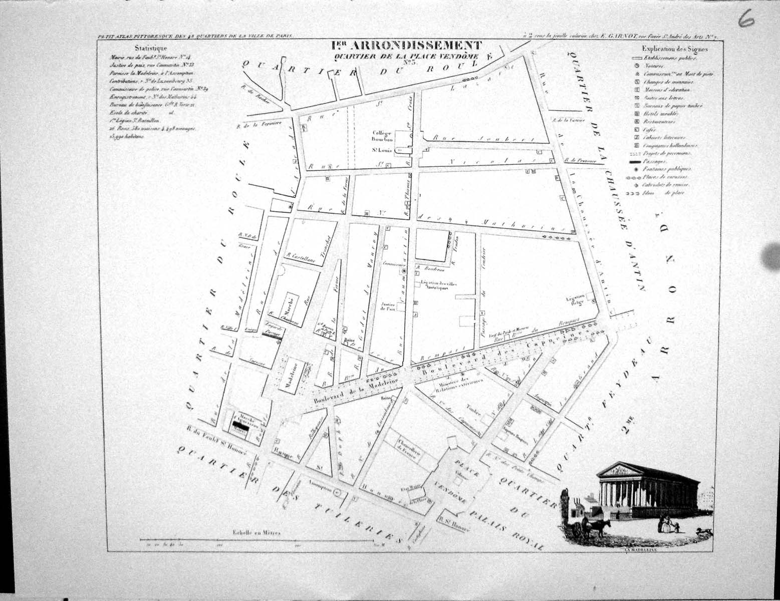 Old Fleury Map Paris France Plan 1834 Quartier Place Vendome Tuilerie 19th