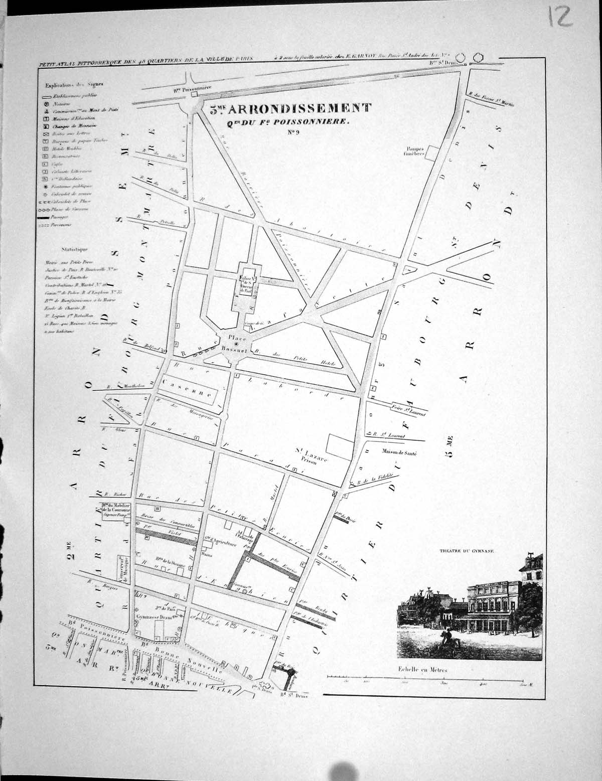Old Fleury Map Paris France Plan 1834 Poissonniere Quartier Montmartr 19th