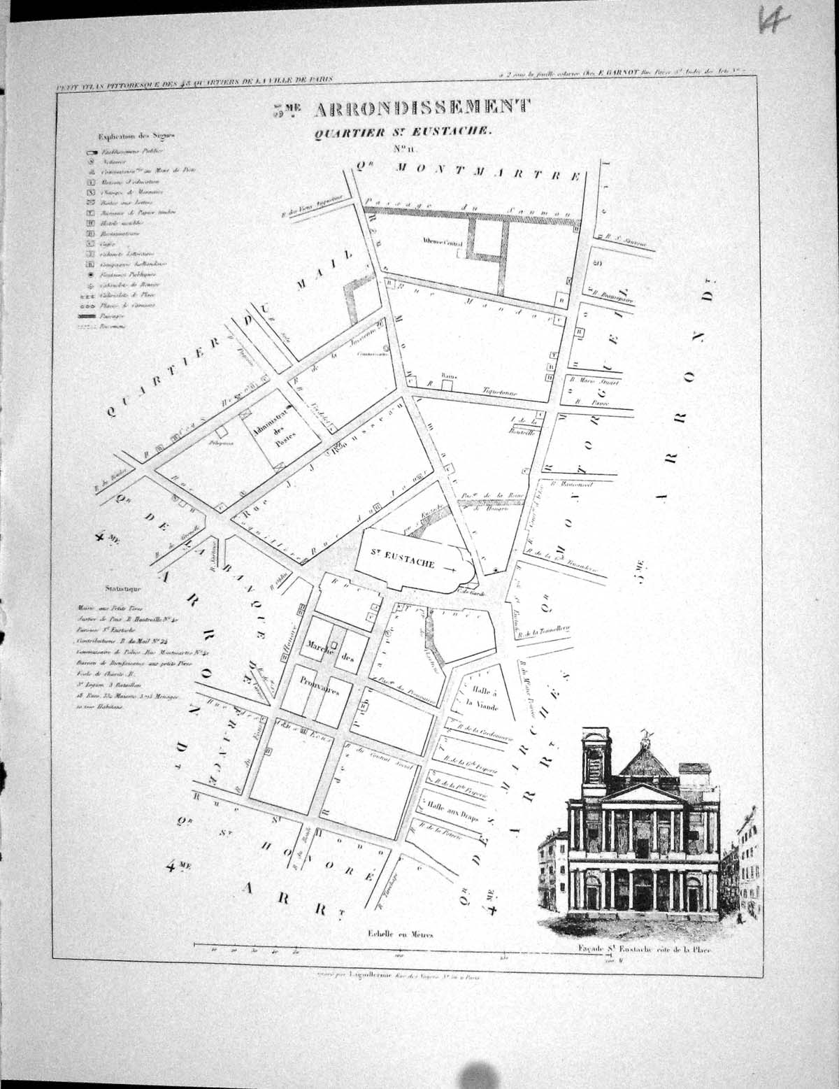 Antique Old Print Fleury Map Paris France Plan 1834 Quartier Eustache Mail 19th