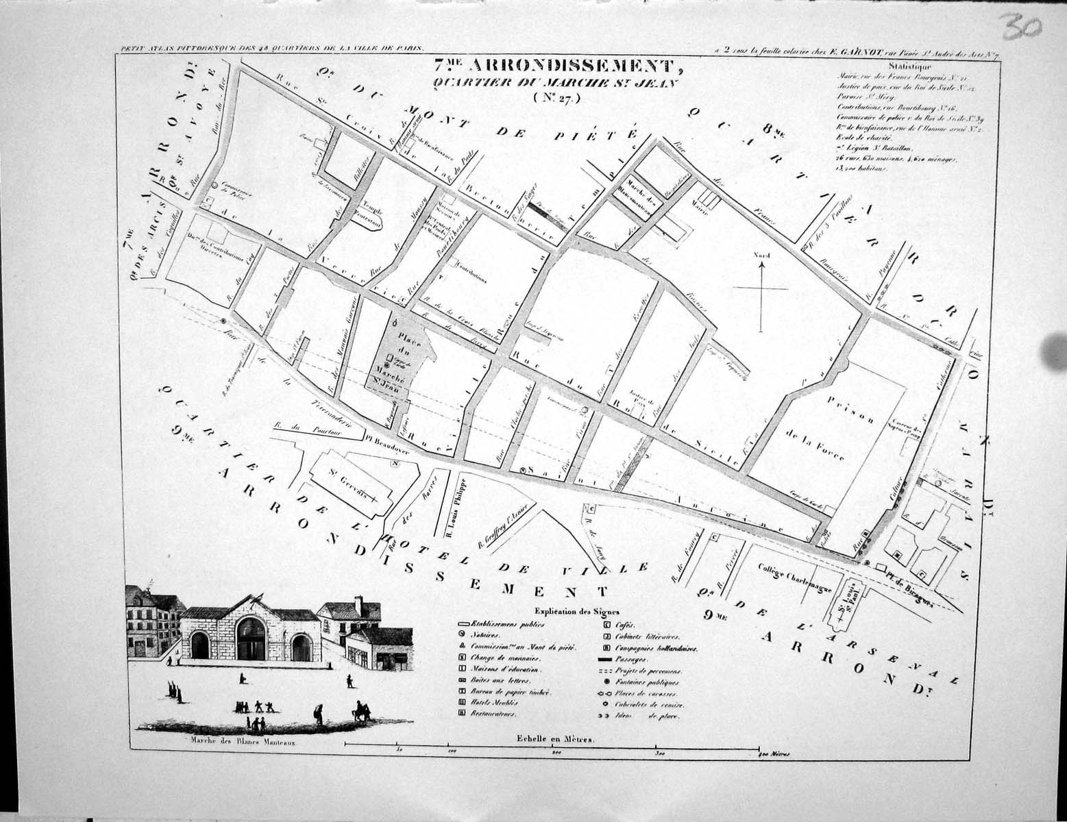 Antique Print Fleury Map Paris France Plan 1834 Quartier Marche Jean Arcis 19th