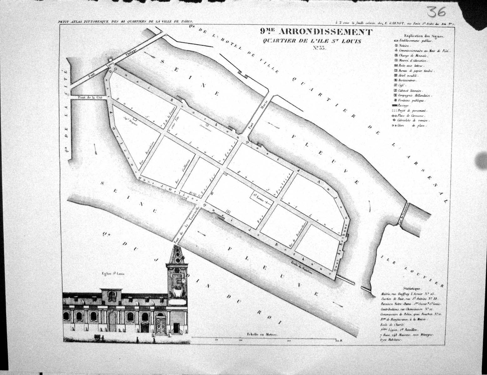 Old Fleury Map Paris France Plan 1834 Quartier L'Ile Louis Hotel Vill 19th