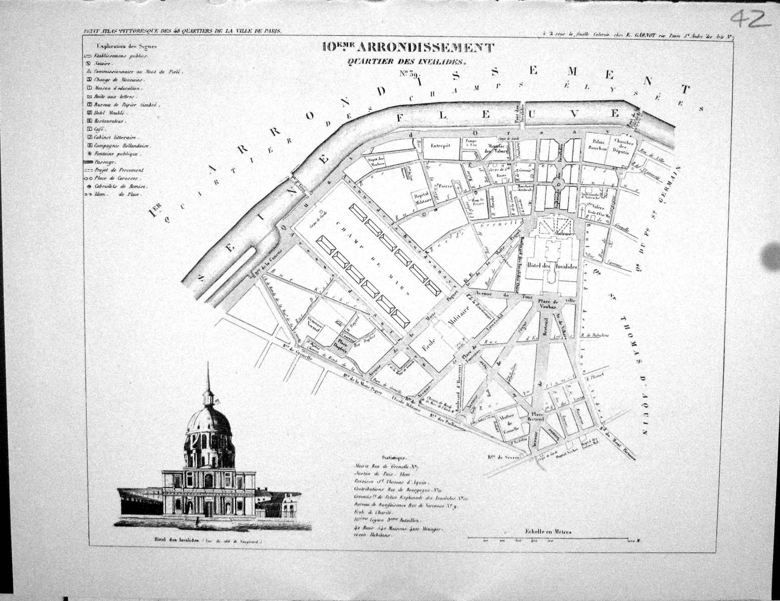 Old Fleury Map Paris France Plan 1834 Quartier Invalides Faub Germain 19th